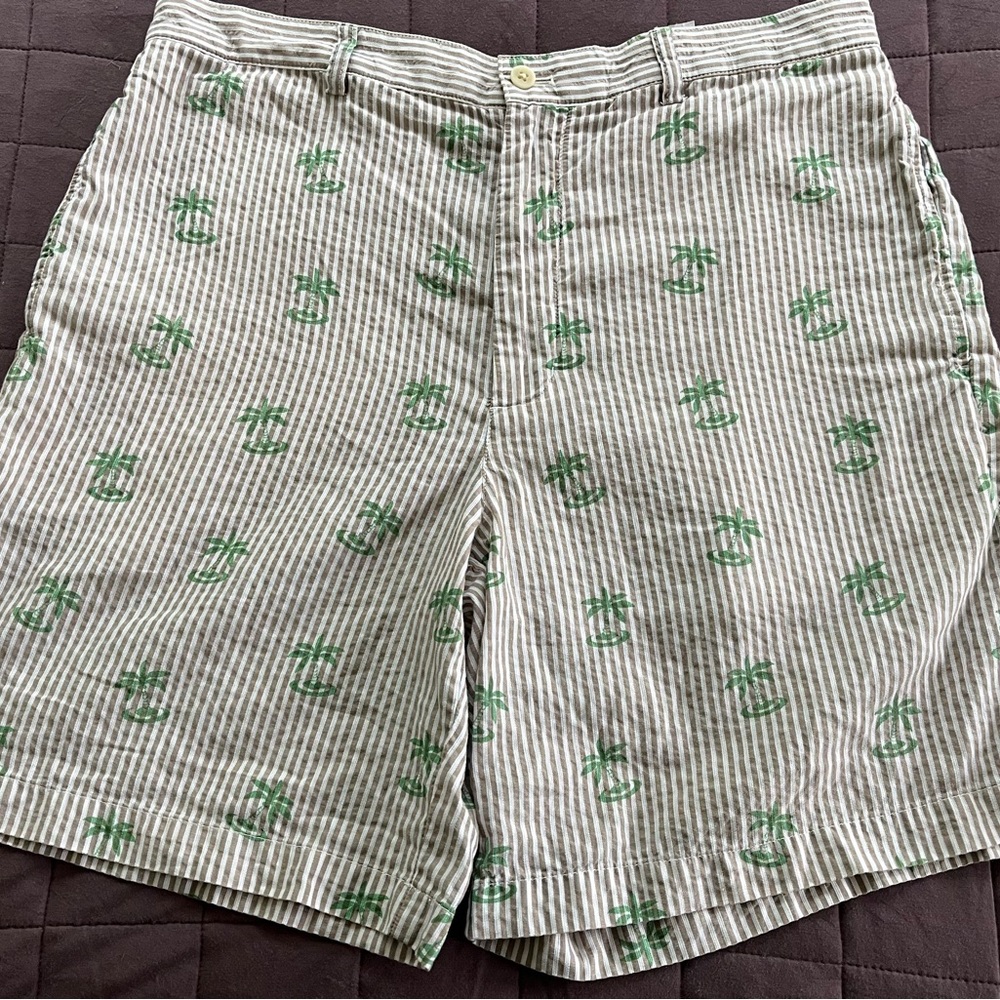 Vineyard Vines Linen Blend Club Shorts Brown White Striped Palm Trees Size 34